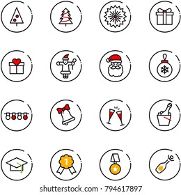 line vector icon set - christmas tree vector, firework, gift, santa claus, ball, garland, bell, wine glasses, champagne, graduate hat, gold medal, star, fizz opening