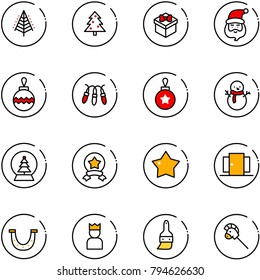 line vector icon set - christmas tree vector, gift, santa claus, ball, garland, snowman, snowball, star medal, doors, luck, king, brush, horse stick toy