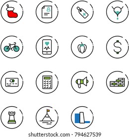 line vector icon set - christmas sock vector, patient card, medical label, bladder, bike, mobile heart monitor, sweet pepper, dollar, credit, calculator, megaphone, brick wall, chess tower, mountain