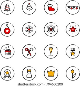 line vector icon set - christmas tree vector, sock, garland, ball, snowflake, star, house, santa stick, pennant, medal, king, crown, tulip