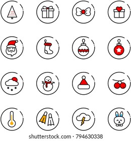 line vector icon set - christmas tree vector, gift, bow, santa claus, sock, ball, snowfall, snowman, hat, rowanberry, thermometer, flippers, storm, toy rabbit