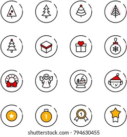 line vector icon set - christmas tree vector, gift, ball, wreath, angel, snowball house, elf, star medal, gold