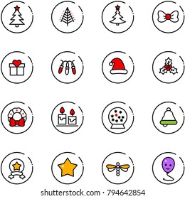 line vector icon set - christmas tree vector, bow, gift, garland, hat, holly, wreath, candle, snowball, bell, star medal, dragonfly, balloon smile