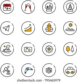 line vector icon set - christmas calendar vector, wine glasses, snowball house, tree, paper fly, rise, arrows up, reading, mountains, photo, flower, forest, satellite, boomerang, cube toy, car