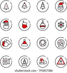 line vector icon set - christmas tree vector, santa claus, glove, ball, snowflake, gloves, hat, wreath, snowball, ski, sleigh gift, slippery road sign