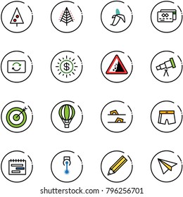 line vector icon set - christmas tree vector, banana, credit card, exchange, dollar sun, landslide road sign, telescope, target, air balloon, flip flops, swimsuit, terms plan, laser, pencil