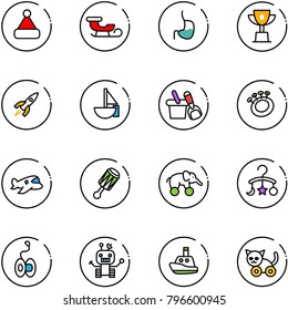 line vector icon set - christmas hat vector, sleigh, stomach, win cup, rocket, sailboat toy, shovel bucket, beanbag, plane, elephant wheel, baby carousel, yoyo, robot, boat, cat