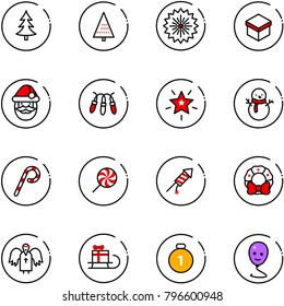 line vector icon set - christmas tree vector, firework, gift, santa claus, garland, star, snowman, lollipop, rocket, wreath, angel, sleigh, gold medal, balloon smile