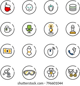 line vector icon set - christmas glove vector, virus, sweet pepper, coin, hot tea, office chair, award, pawn, money, swimsuit, mouse wireless, phone, satellite, protective glasses, bear toy, cat
