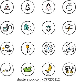 line vector icon set - christmas tree vector, apple, tonometer, blood test, sweet pepper, storm, palm, tulip, sun power, wind mill, sickle, crocodile, moon lamp, toy cat