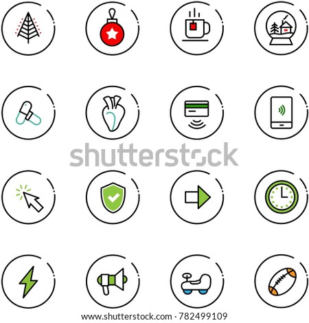 line vector icon set - christmas tree vector, ball, tea, snowball house, pills, heart, tap pay, mobile payment, cursor, shield check, right arrow, time, lightning, megaphone, baby car, football