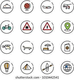line vector icon set - client bell vector, globe, small plane, helicopter, bike, tunnel road sign, intersection, map pin, lounger, inflatable pool, passport, air balloon, tent, kayak