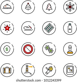 line vector icon set - client bell vector, christmas tree, snowflake, star, snowmobile, pills blister, milk, safe, prohibition road sign, gear, pawn, suitcase, lighthouse, Angular grinder