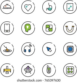 line vector icon set - client bell vector, heart, stomach, x ray, phone, head bulb, puzzle, luck, fishing, wireless headphones, cursor, cpu, milling cutter, ufo toy, cube hole