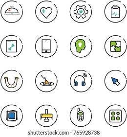 line vector icon set - client bell vector, heart, gear, pulse clipboard, x ray, phone, head bulb, puzzle, luck, fishing, wireless headphones, cursor, cpu, milling cutter, toy, cube hole