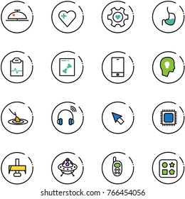 line vector icon set - client bell vector, heart, gear, stomach, pulse clipboard, x ray, phone, head bulb, fishing, wireless headphones, cursor, cpu, milling cutter, ufo toy, cube hole
