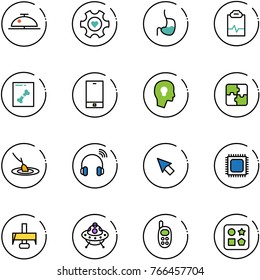 line vector icon set - client bell vector, heart gear, stomach, pulse clipboard, x ray, phone, head bulb, puzzle, fishing, wireless headphones, cursor, cpu, milling cutter, ufo toy, cube hole