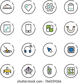 line vector icon set - client bell vector, heart, gear, pulse clipboard, x ray, phone, puzzle, luck, fishing, wireless headphones, cursor, cpu, milling cutter, ufo toy, cube hole