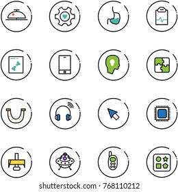 line vector icon set - client bell vector, heart gear, stomach, pulse clipboard, x ray, phone, head bulb, puzzle, luck, wireless headphones, cursor, cpu, milling cutter, ufo toy, cube hole