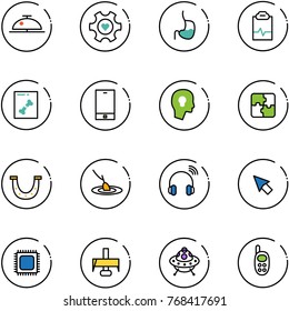 line vector icon set - client bell vector, heart gear, stomach, pulse clipboard, x ray, phone, head bulb, puzzle, luck, fishing, wireless headphones, cursor, cpu, milling cutter, ufo toy