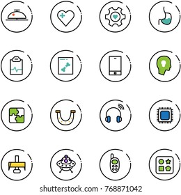 line vector icon set - client bell vector, heart, gear, stomach, pulse clipboard, x ray, phone, head bulb, puzzle, luck, wireless headphones, cpu, milling cutter, ufo toy, cube hole