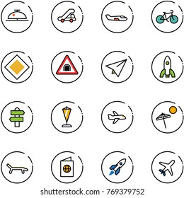 line vector icon set - client bell vector, trap truck, small plane, bike, main road sign, tunnel, paper, rocket, signpost, pennant, beach, lounger, passport