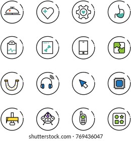 line vector icon set - client bell vector, heart, gear, stomach, pulse clipboard, x ray, phone, puzzle, luck, wireless headphones, cursor, cpu, milling cutter, ufo toy, cube hole