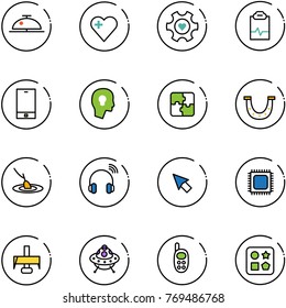 line vector icon set - client bell vector, heart, gear, pulse clipboard, phone, head bulb, puzzle, luck, fishing, wireless headphones, cursor, cpu, milling cutter, ufo toy, cube hole