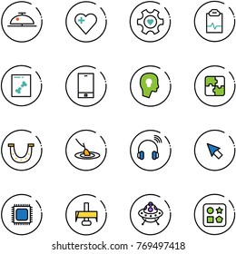 line vector icon set - client bell vector, heart, gear, pulse clipboard, x ray, phone, head bulb, puzzle, luck, fishing, wireless headphones, cursor, cpu, milling cutter, ufo toy, cube hole