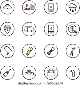 line vector icon set - client bell vector, fork loader, mobile payment, money rain, dollar pin, encashment car, click, fretsaw, wrench, plumber, screwdriver, jack, tool box, allen key