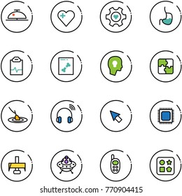 line vector icon set - client bell vector, heart, gear, stomach, pulse clipboard, x ray, head bulb, puzzle, fishing, wireless headphones, cursor, cpu, milling cutter, ufo toy, phone, cube hole