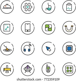 line vector icon set - client bell vector, heart gear, stomach, pulse clipboard, x ray, phone, puzzle, luck, fishing, wireless headphones, cursor, cpu, milling cutter, ufo toy, cube hole