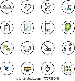 line vector icon set - client bell vector, heart, gear, stomach, pulse clipboard, x ray, phone, head bulb, puzzle, luck, fishing, wireless headphones, cursor, milling cutter, toy, cube hole