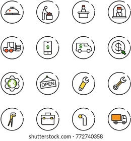 line vector icon set - client bell vector, baby room, recieptionist, officer window, fork loader, mobile payment, encashment car, money click, gear globe, open, wrench, plumber, tool box, allen key