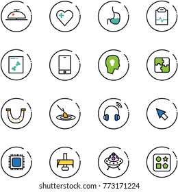 line vector icon set - client bell vector, heart, stomach, pulse clipboard, x ray, phone, head bulb, puzzle, luck, fishing, wireless headphones, cursor, cpu, milling cutter, ufo toy, cube hole