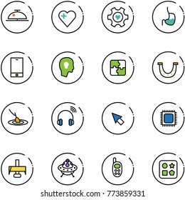 line vector icon set - client bell vector, heart, gear, stomach, phone, head bulb, puzzle, luck, fishing, wireless headphones, cursor, cpu, milling cutter, ufo toy, cube hole