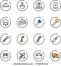 line vector icon set - client bell vector, recieptionist, officer window, mobile payment, money rain, open, wrench, rubber hammer, plumber, screwdriver, tool box, truck toy