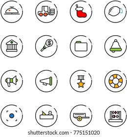 line vector icon set - client bell vector, fork loader, christmas sock, lemon, bank, money torch, folder, megaphone, speaker horn, star medal, lifebuoy, record button, jointer, trailer, abacus