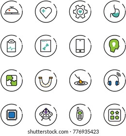 line vector icon set - client bell vector, heart, gear, stomach, pulse clipboard, x ray, phone, head bulb, puzzle, luck, fishing, wireless headphones, cpu, ufo toy, cube hole