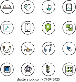 line vector icon set - client bell vector, heart, stomach, pulse clipboard, x ray, phone, head bulb, puzzle, luck, fishing, wireless headphones, cursor, cpu, ufo toy, cube hole