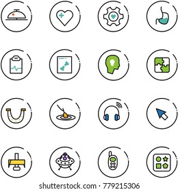 line vector icon set - client bell vector, heart, gear, stomach, pulse clipboard, x ray, head bulb, puzzle, luck, fishing, wireless headphones, cursor, milling cutter, ufo toy, phone, cube hole