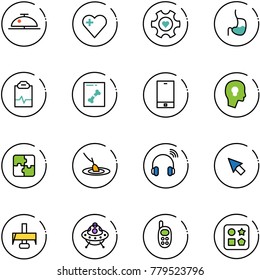 line vector icon set - client bell vector, heart, gear, stomach, pulse clipboard, x ray, phone, head bulb, puzzle, fishing, wireless headphones, cursor, milling cutter, ufo toy, cube hole