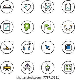 line vector icon set - client bell vector, heart, gear, pulse clipboard, x ray, head bulb, puzzle, luck, fishing, wireless headphones, cursor, cpu, milling cutter, ufo toy, phone, cube hole
