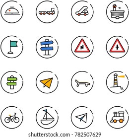 line vector icon set - client bell vector, baggage truck, trap, airport building, flag, road signpost sign, abrupt turn right, intersection, paper fly, lounger, lighthouse, bike, sailboat toy, plane
