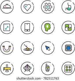 line vector icon set - client bell vector, heart, gear, stomach, x ray, phone, head bulb, puzzle, luck, fishing, cursor, cpu, milling cutter, ufo toy, cube hole