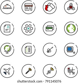 line vector icon set - client bell vector, duty free, gloves, holly, patient card, heart gear, credit, globe, list, key, monoblock pc, plane, screw, nail dowel, Tic tac toe