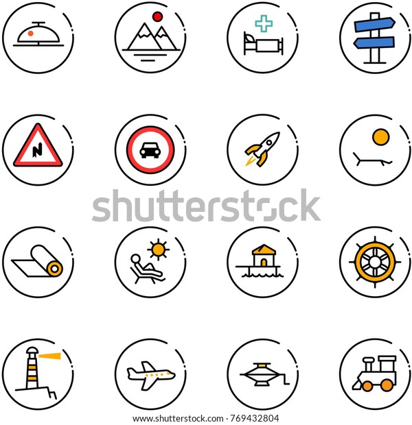 line
vector icon set - client bell vector, mountains, hospital bed, road
signpost sign, abrupt turn right, no car, rocket, lounger, mat,
beach, bungalow, hand wheel, lighthouse, plane,
jack