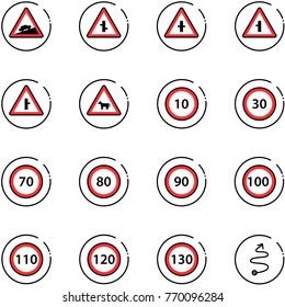 line vector icon set - climb vector road sign, intersection, cow, speed limit 10, 30, 70, 80, 90, 100, 110, 120, 130, trip
