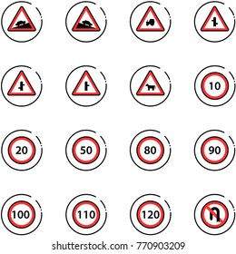 line vector icon set - climb vector road sign, steep descent, tractor way, intersection, cow, speed limit 10, 20, 50, 80, 90, 100, 110, 120, no turn back