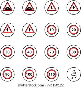 line vector icon set - climb vector road sign, steep descent, intersection, speed limit 10, 20, 30, 40, 70, 80, 90, 100, 110, trip